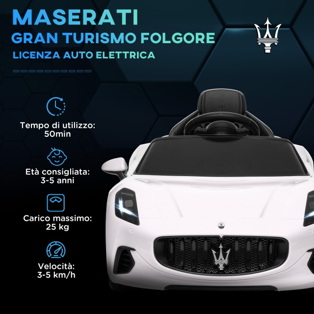 AIYAPLAY  Παιδικό Αυτοκίνητο 12V Maserati Gran Turismo Folgore με Τηλεχειριστήριο, Ηλικίες 3-5 Ετών, Λευκό  370-345V90WT