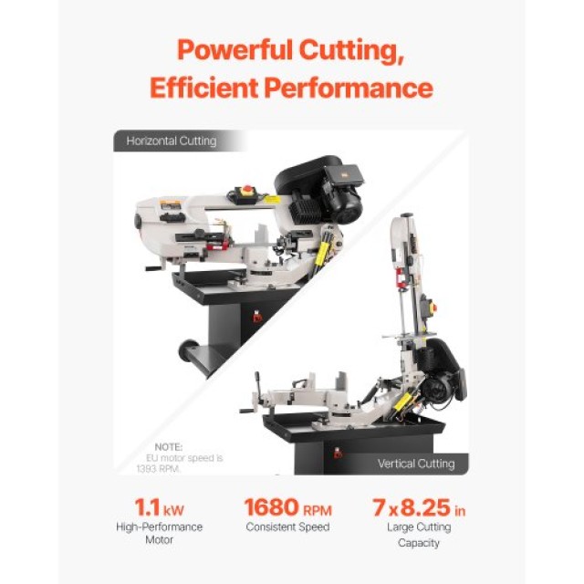 VEVOR Μεταλλική Οριζόντια Ταινιοπρίονα 7 x 8.25 ιν 1.1 kW Μεταβλητής Ταχύτητας 220V WSJSSPDJKXZD96ZL2V2