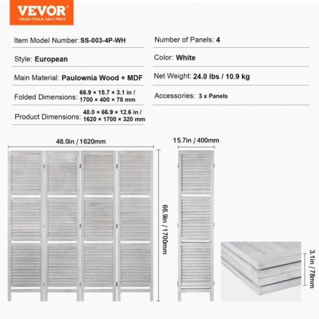 VEVOR  Ξύλινο Διαχωριστικό Δωματίου 4 Πάνελ για Χώρο Εργασίας/Σπίτι...