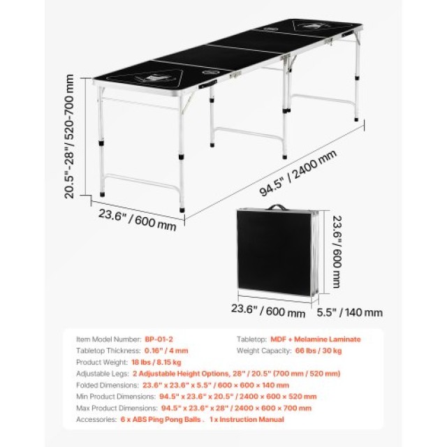 VEVOR Πτυσσόμενο Τραπέζι Beer Pong  2.4 μ για Πάρτι και Παιχνίδια με Χειρολαβή Μεταφοράς ZDPJYXZCGK00FI2RBV0