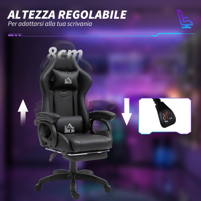 HOMCOM  Καρέκλα Gaming με ανάκλιση 125° και λειτουργία μασάζ από συνθετικό δέρμα με υποπόδιο, 65x68x120-128 εκ., Μαύρο  921-795V90BK