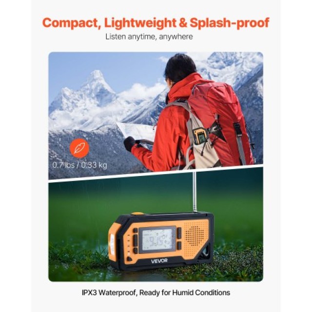 VEVOR Ραδιόφωνο Έκτακτης Ανάγκης με 2000mAh Μπαταρία και Αδιάβροχο ...