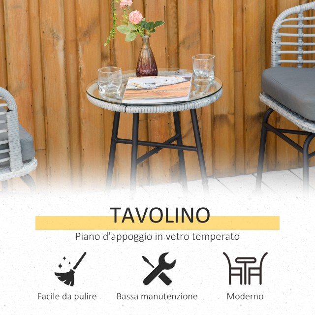 Outsunny Σετ 3 τμχ Έπιπλα κήπου από συνθετικό ρατάν με 1 τραπεζάκι σαλονιού και 2 καρέκλες, γκρι 863-086GY