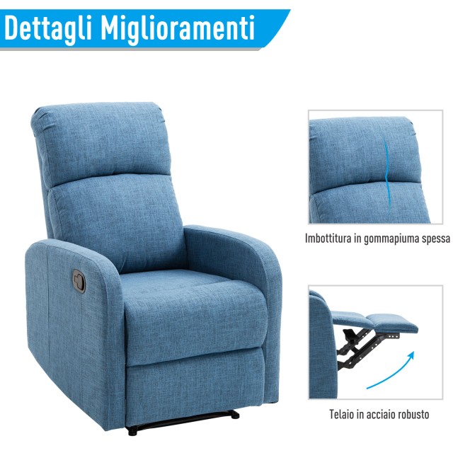 HOMCOM Manual Ανακλινόμενη Πολυθρόνα Relax με Χωρητικότητα Υποπόδιου 125kg Blue Fabric 66? 83 107 εκ 833-523BU