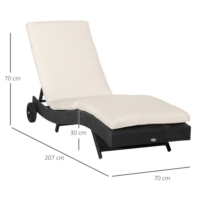 Outsunny Garden Lounger σε PE Rattan με ρυθμιζόμενη πλάτη και μαξιλάρι, 207x70x70cm, Μαύρο 862-030BK