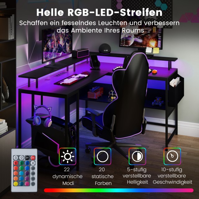 Costway Γραφείο Gaming Σχήματος L με LED Φωτισμό & Πρίζες Υπολογιστ...