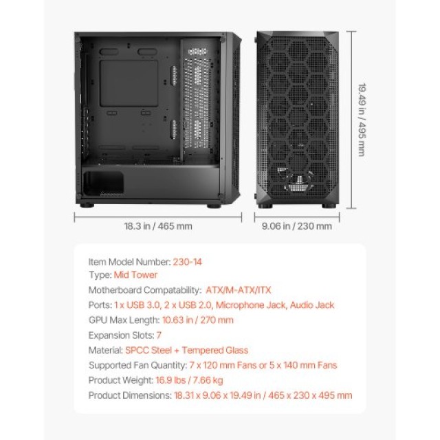 VEVOR Κουτί Υπολογιστή για Gaming μεσαίου μεγέθους - 4 x 120mm Ανεμ...