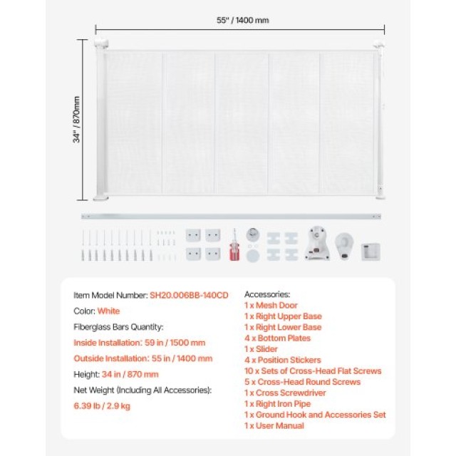 VEVOR Πτυσσόμενη Παιδική Πόρτα 870mm Ύψος 1400mm Πλάτος Λευκή WZSSM...
