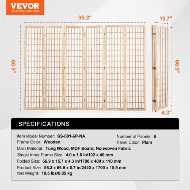 VEVOR  Ιαπωνικό Διαχωριστικό Δωματίου 6 Πάνελ Οθόνη RSPF6MBCSPM0FUO7OV0