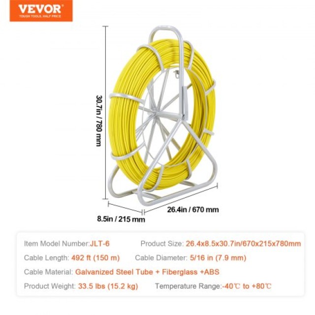 VEVOR Ταινία Ψαρέματος Fiberglass, 150m, 8mm, Μεταλλική Βάση, 3 Κεφαλές, Μη Αγωγική  DZJYD516492FT7WCTV0