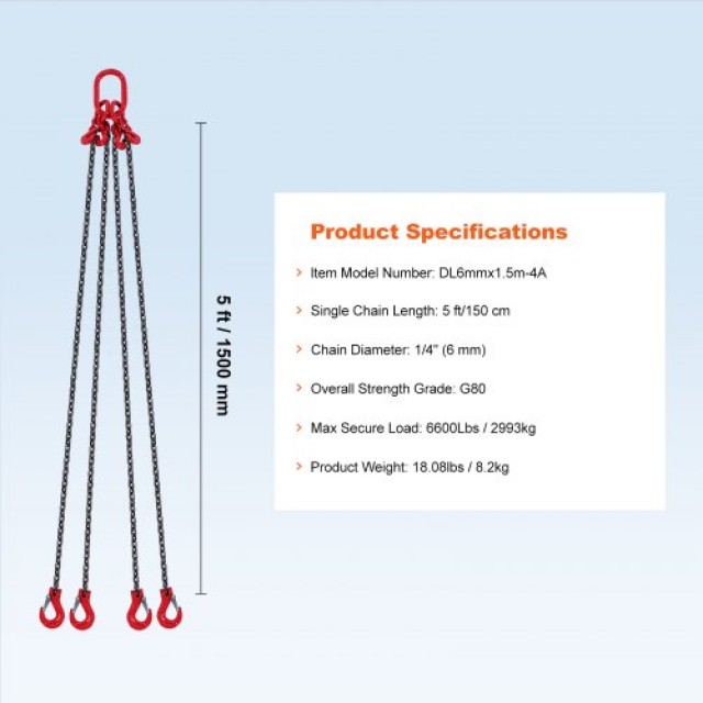 VEVOR Αλυσίδα Ανύψωσης 4 Ποδιών G80 με Γάντζους 6600 lbs DGDLHHMGFH...