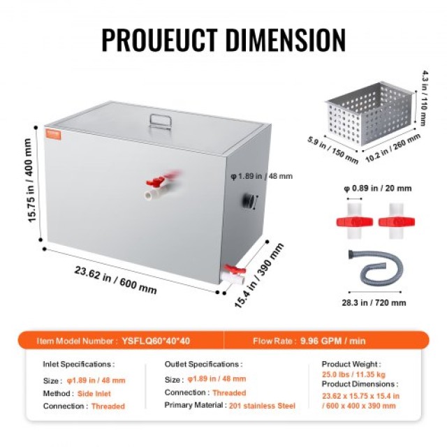 Διαχωριστής Λίπους VEVOR 40 LBS, Ανοξείδωτος, 10 GPM, για Εστιατόρια & Κουζίνες  YSFLQCRKYSBX1GX1DV0