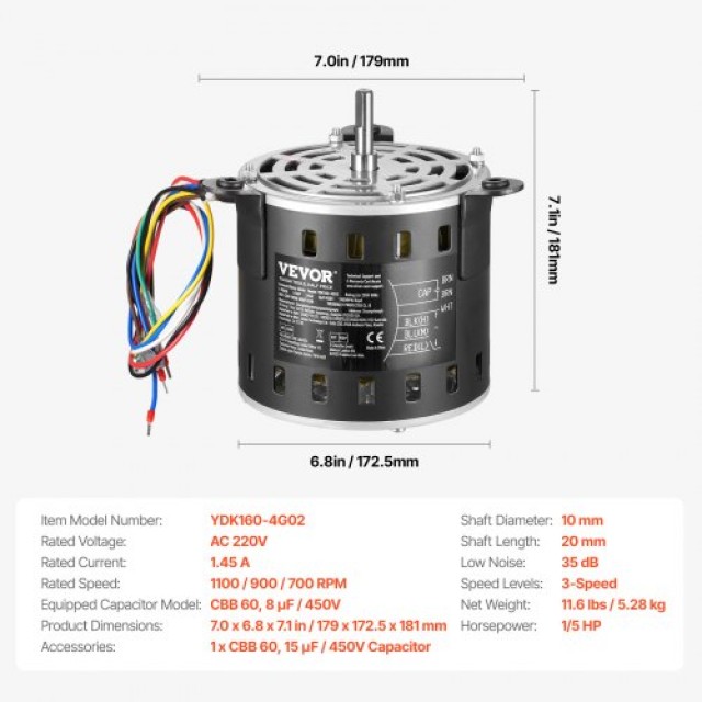 VEVOR Κινητήρας Φυσητήρα Καμίνου 1/5HP 220V 1.45A 1100RPM 3 Ταχυτήτων με Πυκνωτή 8μF/450V MSFGJDJ15HP3PS02WV7