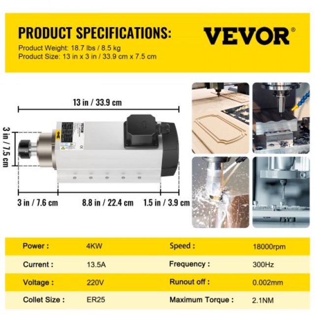 VEVOR 4KW 2220V Αερόψυκτο Μοτέρ CNC ER25 για Χάραξη/Φρεζάρισμα  ER2...