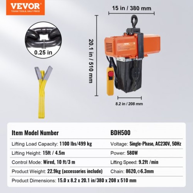 Ηλεκτρικός Γερανός Αλυσίδας VEVOR 500 kg, 4.5 m Ανύψωση  DDHLHLCS25...