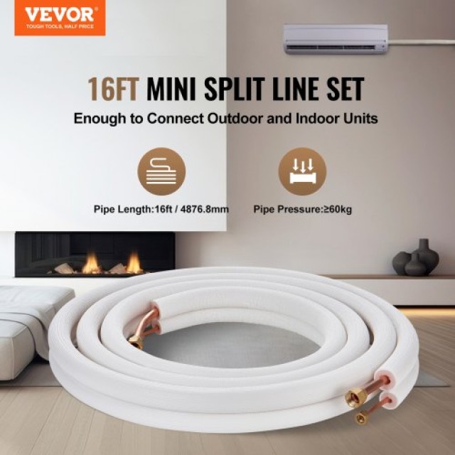 Σετ Σωληνώσεων VEVOR Mini Split 6.4x12.7mm x4876.8mm Χαλκός AC με Κ...