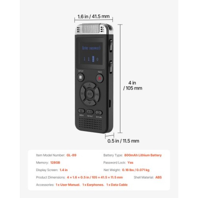 VEVOR Ψηφιακός Καταγραφέας Φωνής 128GB με Ενεργοποίηση Φωνής και USB MP3 BXLYJ1100MAH86SOMV9
