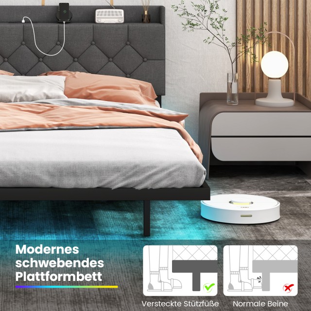 Costway Γκρι Πολυτελές Κρεβάτι με LED και Φόρτιση (160x200 εκ.) HU1...