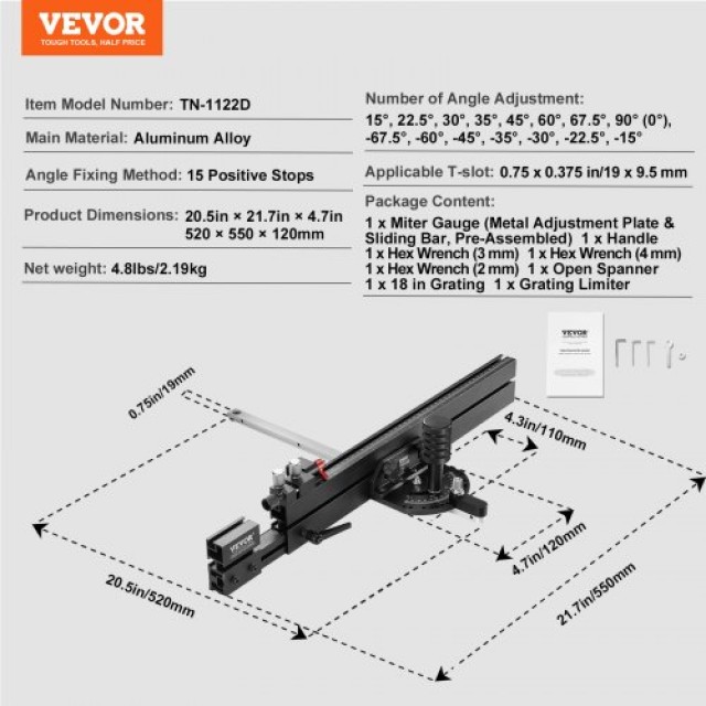 VEVOR Προηγμένος Γωνιομετρητής Ακριβείας, Κατάλληλος για Τυπική Υποδοχή 3/4 x 3/8, Ιδανικός για Ξυλουργικές Εργασίες. TJXQGDKS6060EZ0GRV0