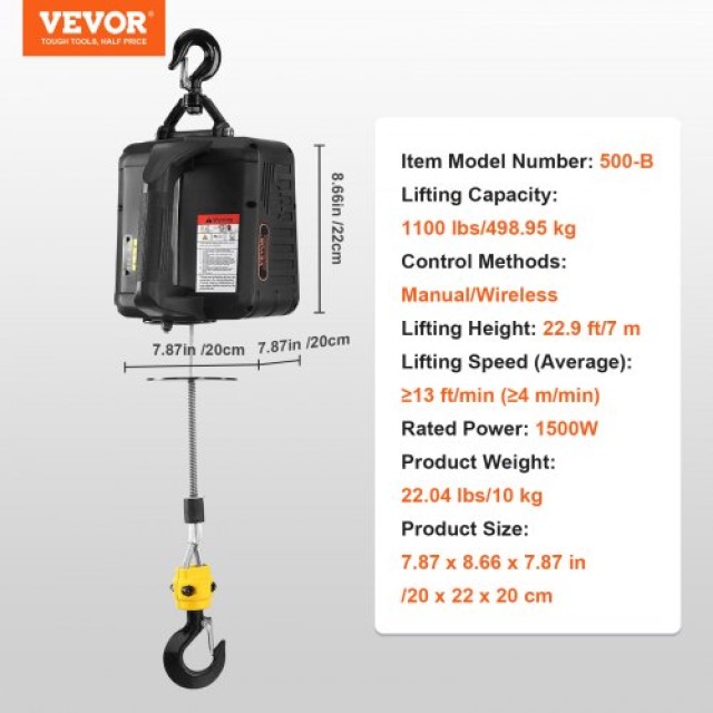 Φορητός Ηλεκτρικός Βίντσι VEVOR 2-σε-1 500kg με Ασύρματο Χειριστήριο  BXSDDHL1100BF7XB2V2