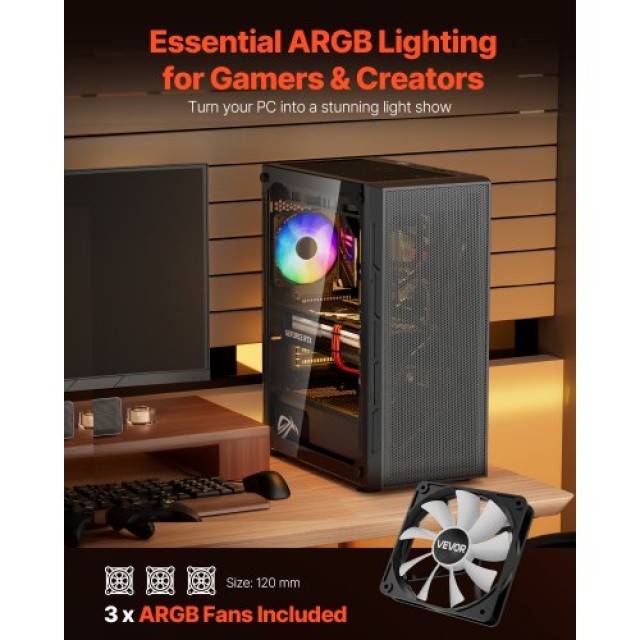 VEVOR Μεσαίο Κουτί ATX με 3 x 120 mm ARGB Ανεμιστήρες DNJXZT120MMACLSZZ001V9