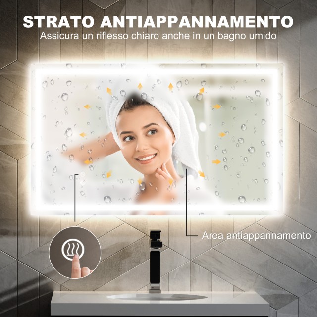 HOMCOM  Καθρέφτης Μπάνιου με Ρυθμιζόμενα LED Φώτα σε 3 Χρώματα και Αντικραδασμικό Στρώμα, από Γυαλί και Μέταλλο, 100x3x60 εκ.  834-812V00CR