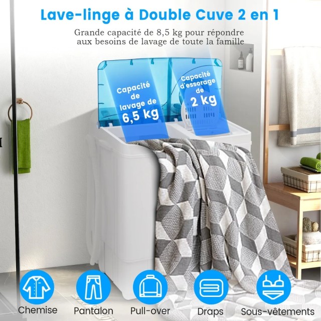 Φορητό Πλυντήριο Ρούχων 2 σε 1 Twin Tub με Στύψιμο & Αντλία Αποστράγγισης – 8.5kg FP10558DE-BL  Costway