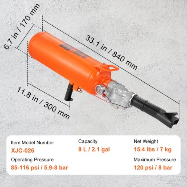 VEVOR Φουσκωτής Ελαστικών 2.1 Gal/8 L, 120 PSI, Φορητός για Τρακτέρ, Φορτηγά, ATV, Αυτοκίνητα  LTBCQS8145PSIQFEKV0