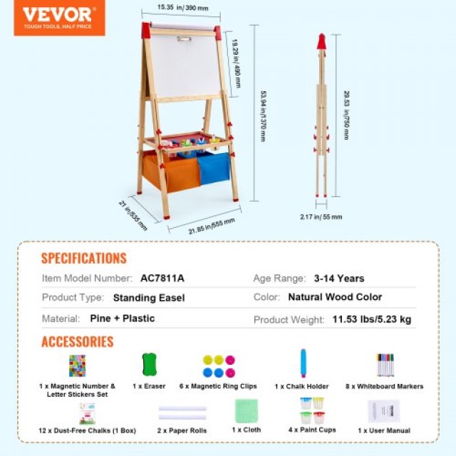 VEVOR  Παιδικός Πίνακας Ζωγραφικής Διπλής Όψης Μαγνητικός Ξύλινος  ...