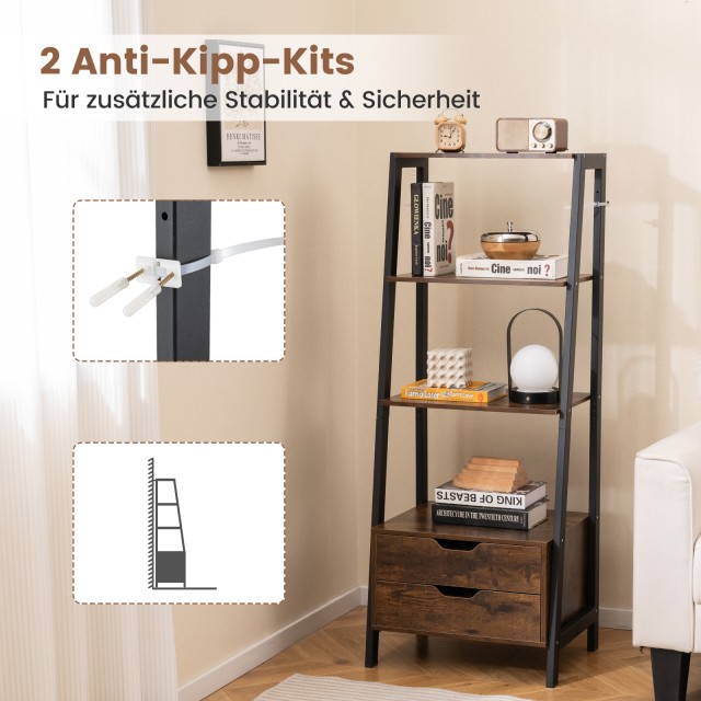 Costway Καφέ Ελεύθερη Σκάλα Ράφι 134cm με 4 Ανοιχτά Ράφια και 2 Συρ...