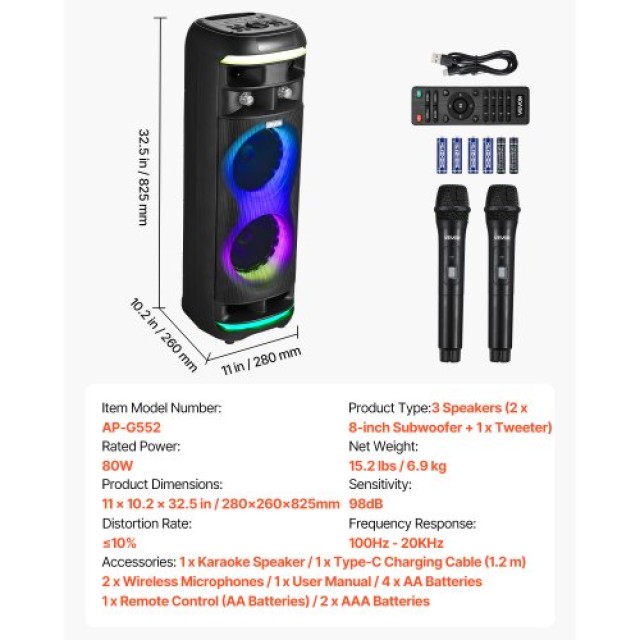 VEVOR Φορητό Καραόκε για Ενήλικες με LED Φώτα και Δύο Ασύρματα Μικρ...