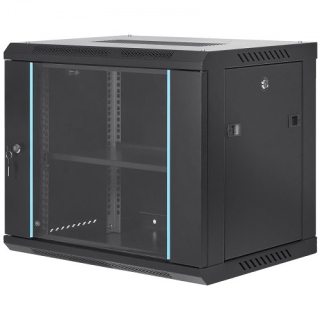 VEVOR 9U Επιτοίχιο Δικτυακό Ντουλάπι, 15.5 Βάθος, 200 lbs Φορτίο, με Κλειδωμένη Γυάλινη Πόρτα  WLJJGHBL9U1552RC3V0