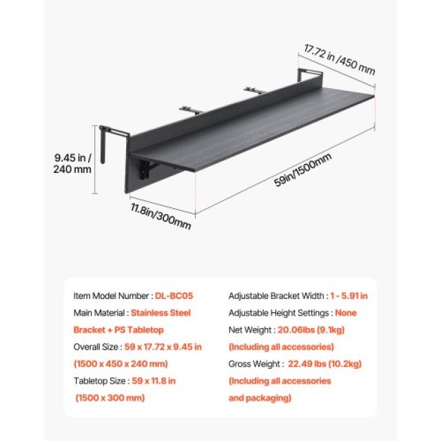 VEVOR Πτυσσόμενο Τραπέζι Μπαλκονιού 12 x 48 ιν. FXGZMZ12INCHJ4NJOV0