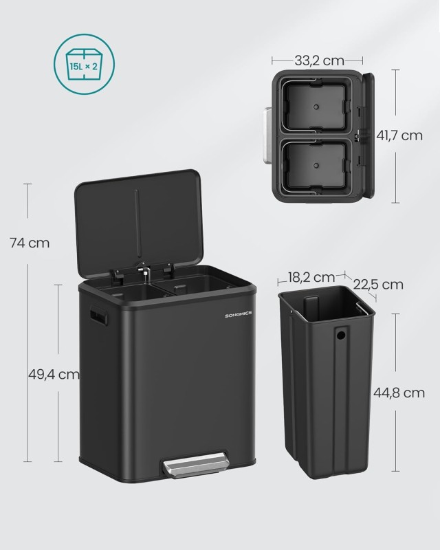 SONGMICS Διπλός Κάδος Απορριμμάτων Κουζίνας 30L από Ανοξείδωτο Ατσά...