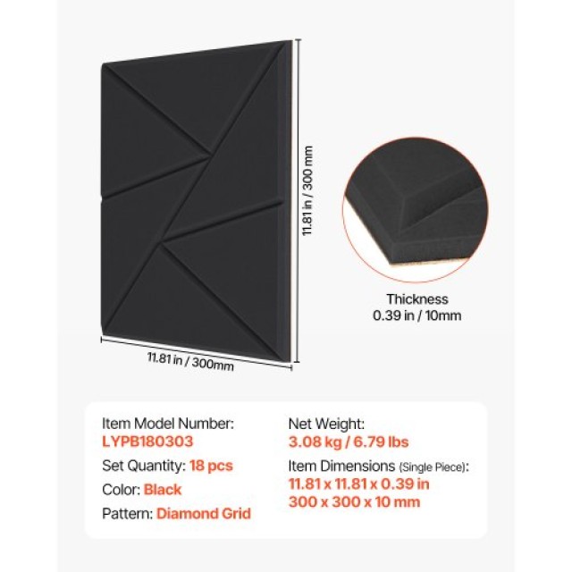 VEVOR 18 Αυτοκόλλητα Ακουστικά Πάνελ 30x30x1 εκ. Μαύρα JZGYBHSLG303...