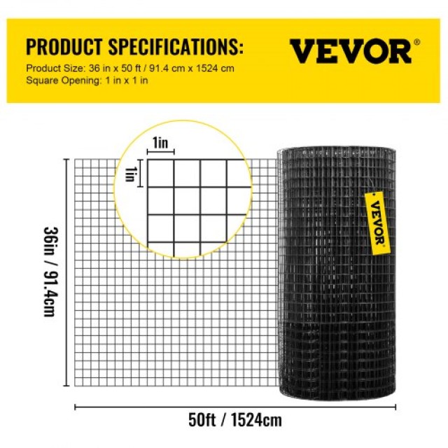 VEVOR Πλέγμα Υλικού, 36 x 50, 1x1 Δίχτυ, Γαλβανισμένο Ατσάλι με Επικάλυψη Βινυλίου, 16 Gauge, για Περιφράξεις Κήπου & Κατοικίδιων  YXHJWHSBDDWC3WKULV0