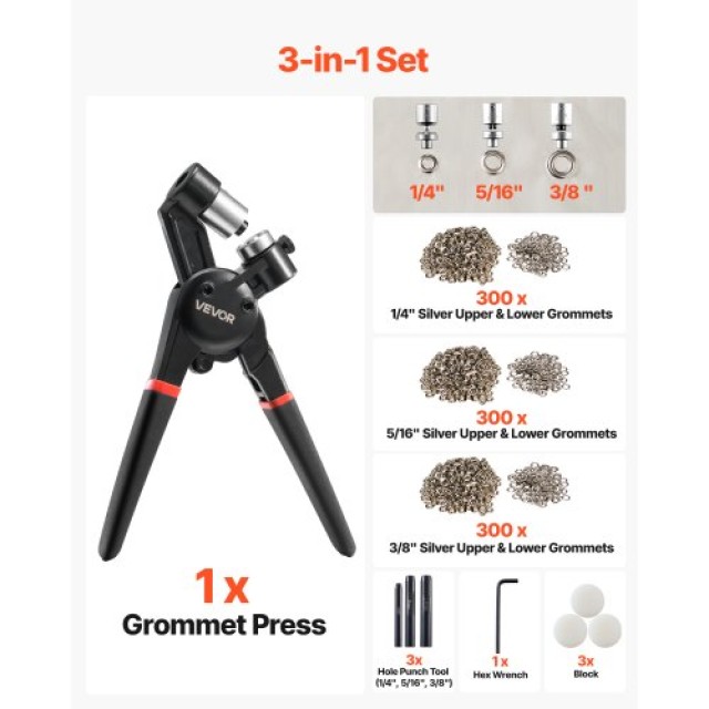 VEVOR Σύνολο Εργαλείων Γόμετρων 900 Τεμάχια (6 mm, 8 mm, 10 mm) Μετ...