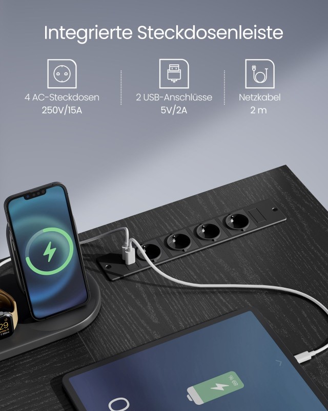 VASAGLE Γραφείο Γωνιακό με Ράφι & LED, 2 Συρτάρια, 2 USB, Μαύρο 