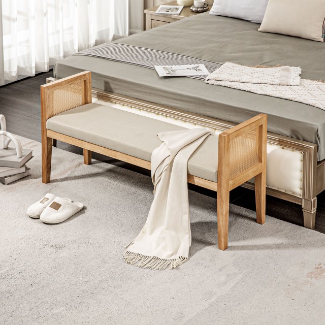 HOMCOM Πάγκος Κρεβατοκάμαρας Boho με Επενδεδυμένο Κάθισμα και Ξύλινα Μπράτσα και Ρατάν 120x38x61.5cm Κρέμα 831-793V00CW