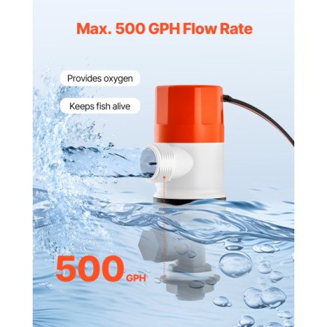 VEVOR Αντλία Ζωντανού Δολώματος Σκάφους 12V 500 GPH με 2 Εισόδους C...