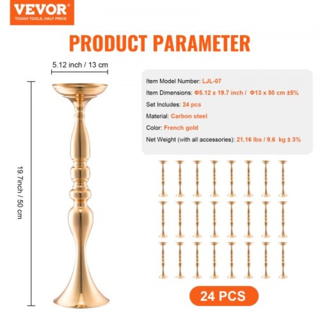 VEVOR  24 τεμ. Χρυσή Μεταλλική Βάση Λουλουδιών 50cm για Τραπέζι Γάμου HLHPZTK50CM2XNEDIV0