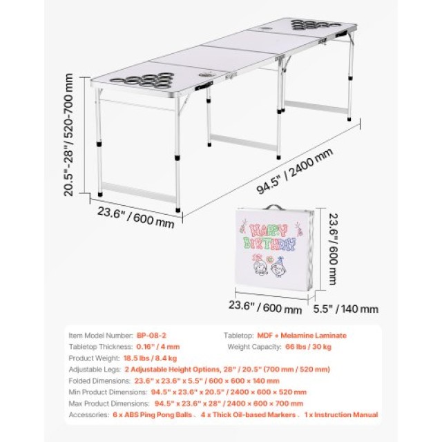 VEVOR Φορητό Τραπέζι Beer Pong  2.4 μ. για Πάρτι με Θέσεις για Ποτήρια και Μπάλες Πονγκ ZDPJYXZGCKDKGUYQ7V0