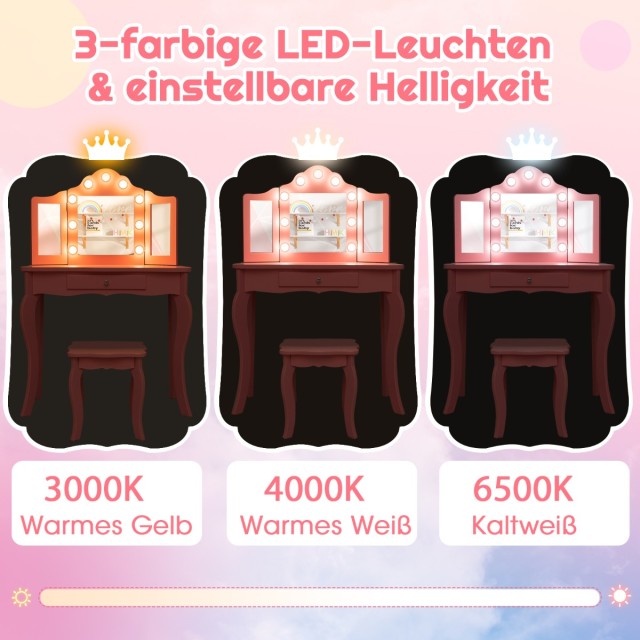 Costway  Παιδικό Τραπέζι Μακιγιάζ με LED Φώτα, Αναδιπλούμενο Καθρέφτη & Συρτάρια Λευκό 70 εκ. x 34 εκ. HY10235DE-WH