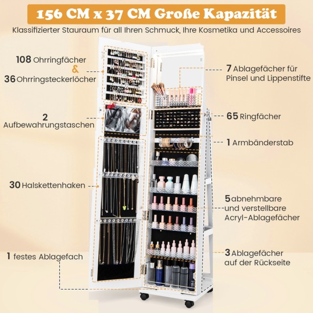 Costway Λευκή Κλειδωμένη Κοσμηματοθήκη με Ενσωματωμένο Καθρέφτη Μακ...