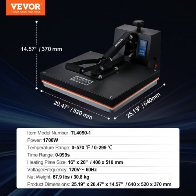 VEVOR  Μηχανή Θερμομεταφοράς 16x20 για Εκτυπώσεις σε Μπλουζάκια GDS...