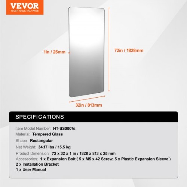 VEVOR  Τετράγωνος Καθρέφτης Τοίχου 32 x 72 με Πλαίσιο Αλουμινίου JXJ3272INCHBFOWFCV0