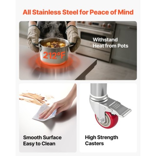 VEVOR Επιτραπέζιο Ανοξείδωτο Τραπέζι για Προετοιμασία Τροφίμων 90 x...