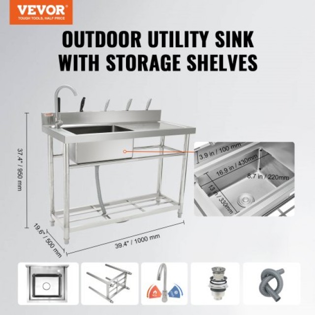 VEVOR Νεροχύτης Ανοξείδωτος με 1 Θέση & Πάγκο, 100x49x95 εκ. για Γκαράζ, Εστιατόριο, Πλυντήριο, NSF Πιστοποίηση  DSCDGZTZDC394FO0XV0