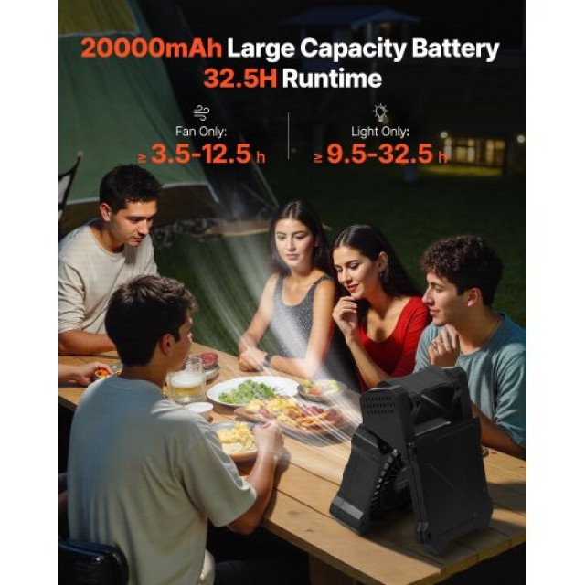 VEVOR Φορητός Ηλιακός Ανεμιστήρας 20000mAh με Φανάρι LED, 5 Ταχυτήτ...
