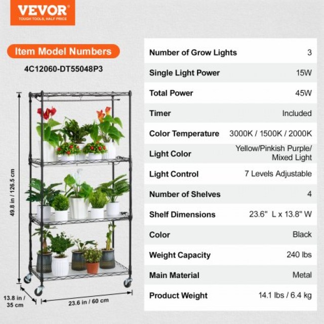VEVOR  Ράφι Φυτών με Φώτα Ανάπτυξης 4 Επιπέδων 45W 126.5cm Ύψος GNZWJ120CM603R8BDV2